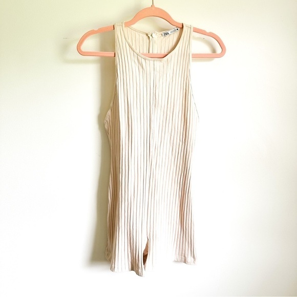 Zara Racerback Ribbed Knit Oatmeal Cream Tan Sleeveless Romper Cat Suit sz Med - Picture 4 of 9